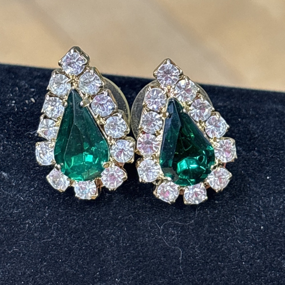 Vintage MCM Faux Emerald Rhinestone Teardrop Earrings Hollywood Regency